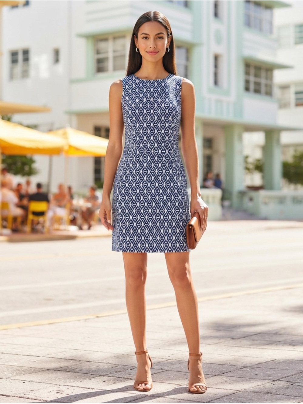 Mario Serrani Navy and White Geometric Sheath Dress